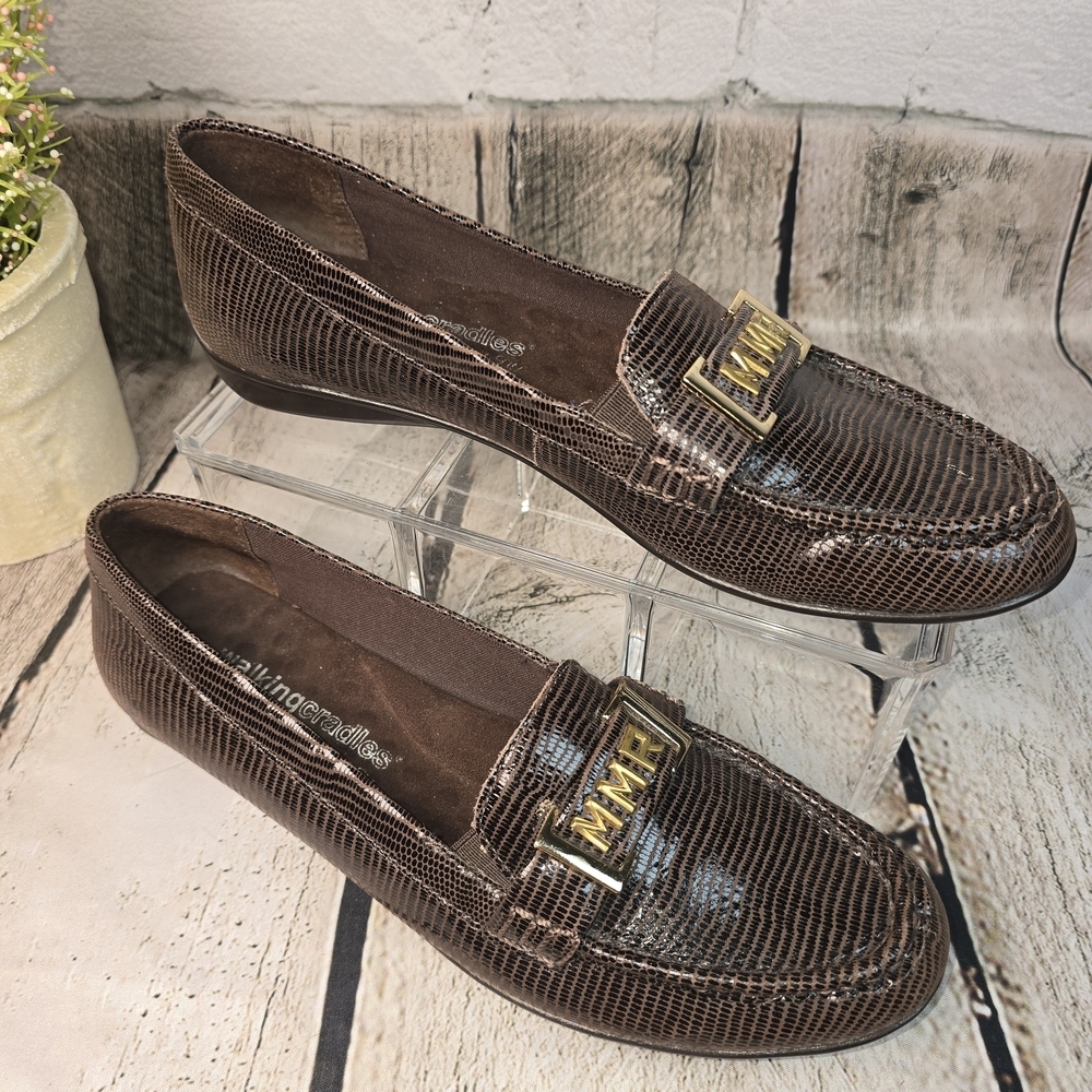 WALKING CRADLE BROWN SNAKESKIN LOAFERS WOMENS GLOSSY FINISH SIZE 7.5